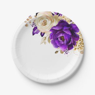 Royal Purple Violet Gold Floral Botanical Wedding Paper Plates
