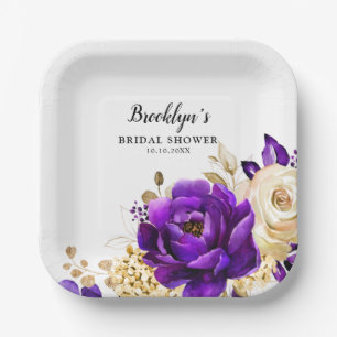 Royal Purple Violet Gold Floral Botanical Wedding  Paper Plates