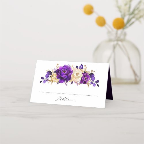 Royal Purple Violet Gold Floral Botanical Wedding Place Card