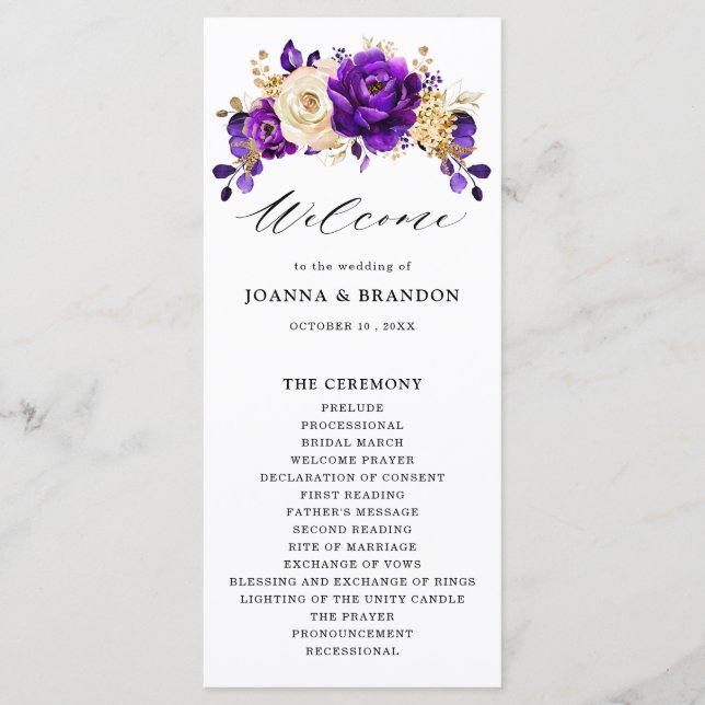 Royal Purple Violet Gold Floral Botanical Wedding Program (Front)