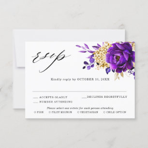 Royal Purple Violet Gold Floral Botanical Wedding RSVP Card