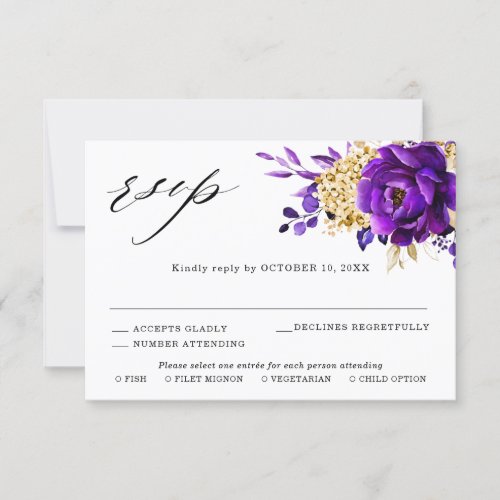 Royal Purple Violet Gold Floral Botanical Wedding RSVP Card