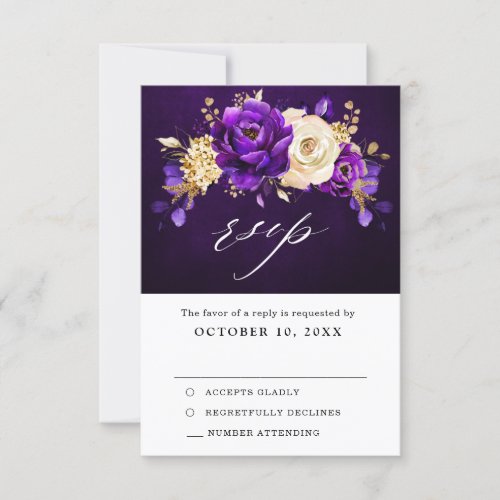 Royal Purple Violet Gold Floral Botanical Wedding  RSVP Card