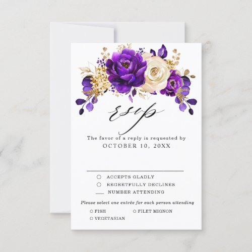 Royal Purple Violet Gold Floral Botanical Wedding RSVP Card