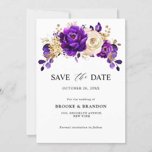 Royal Purple Violet Gold Floral Botanical Wedding Save The Date