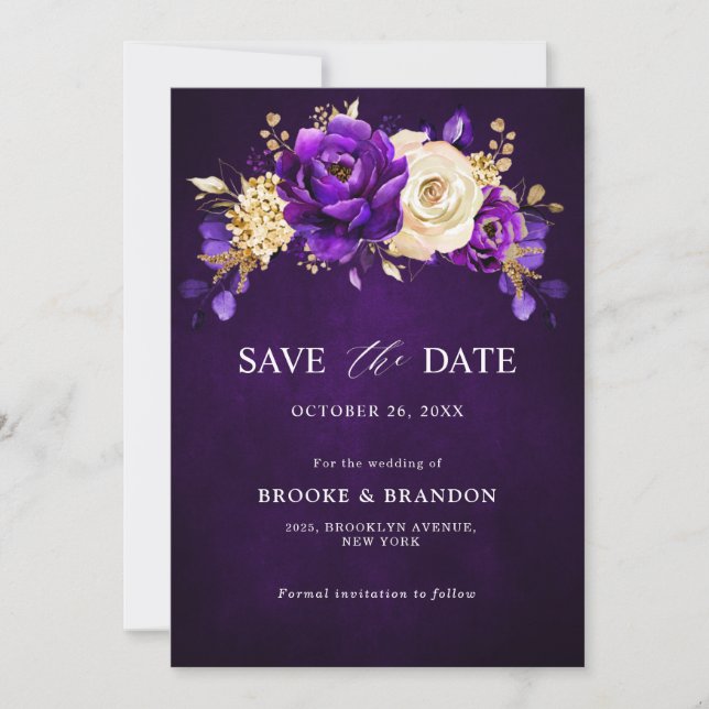 Royal Purple Violet Gold Floral Botanical Wedding  Save The Date (Front)