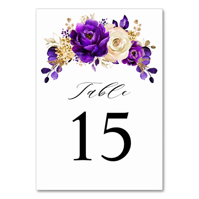 Royal Purple Violet Gold Floral Botanical Wedding Table Number (Front)