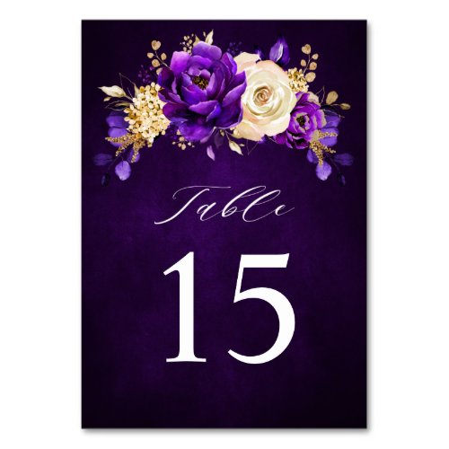 Royal Purple Violet Gold Floral Botanical Wedding  Table Number