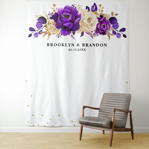 Royal Purple Violet Gold Floral Botanical Wedding Tapestry