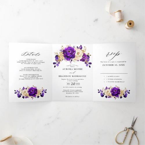 Royal Purple Violet Gold Floral Botanical Wedding Tri_Fold Announcement
