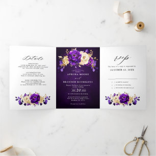 Royal Purple Violet Gold Floral Botanical Wedding Tri-Fold Announcement