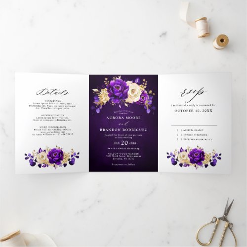 Royal Purple Violet Gold Floral Botanical Wedding  Tri_Fold Announcement