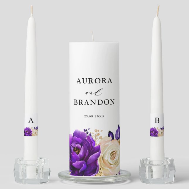 Royal Purple Violet Gold Floral Botanical Wedding Unity Candle Set (Front)