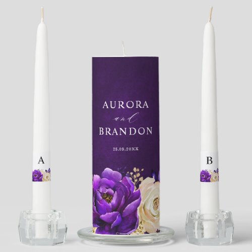 Royal Purple Violet Gold Floral Botanical Wedding Unity Candle Set