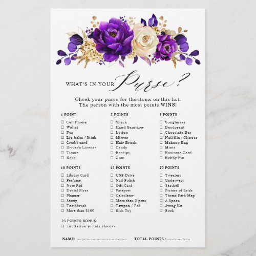 Royal Purple Violet Gold Floral Bridal Shower Game