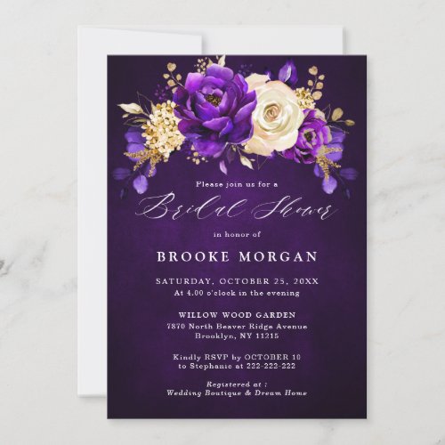Royal Purple Violet Gold Floral  Bridal Shower Inv Invitation