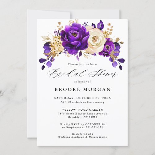 Royal Purple Violet Gold Floral  Bridal Shower Invitation