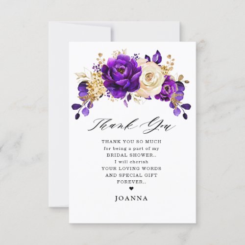 Royal Purple Violet Gold Floral Bridal Shower Thank You Card