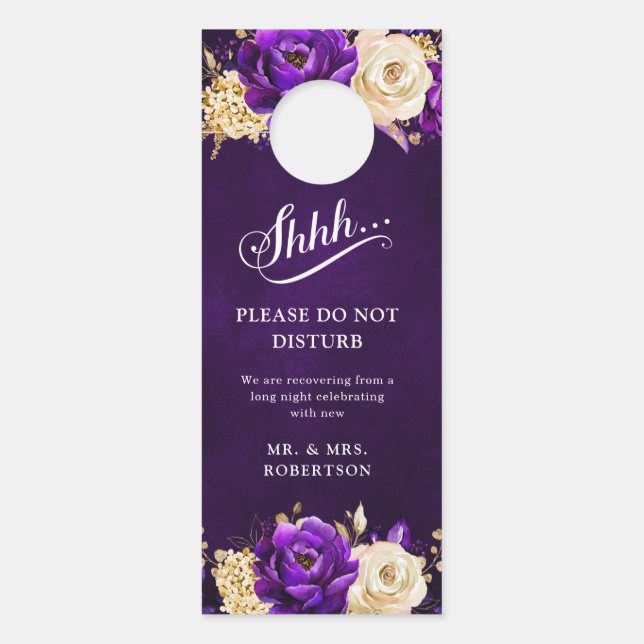 Royal Purple Violet Gold Floral  Do Not Disturb Do Door Hanger (Front)
