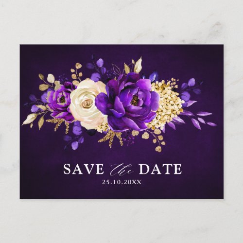 Royal Purple Violet Gold Floral Save the Date  Pos Postcard