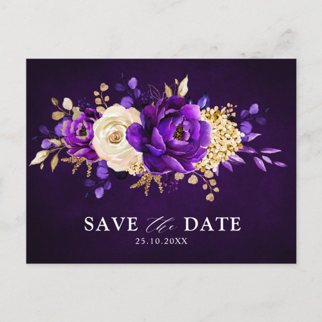 Royal Purple Violet Gold Floral Save the Date  Pos Postcard (Front)