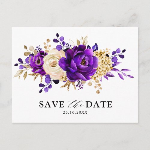 Royal Purple Violet Gold Floral Save the Date  Postcard