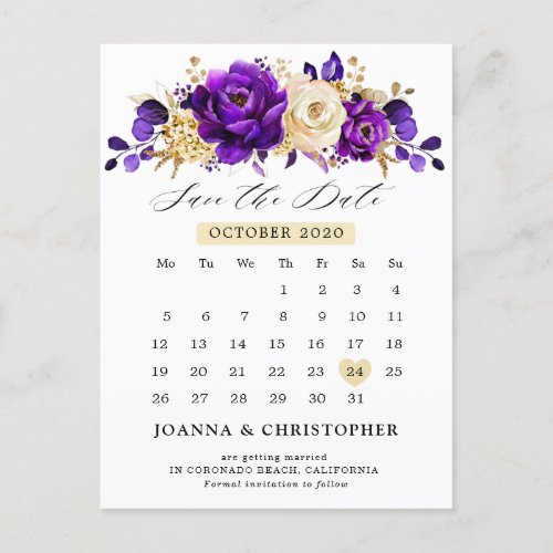 Royal Purple Violet Gold Floral Save the date Postcard