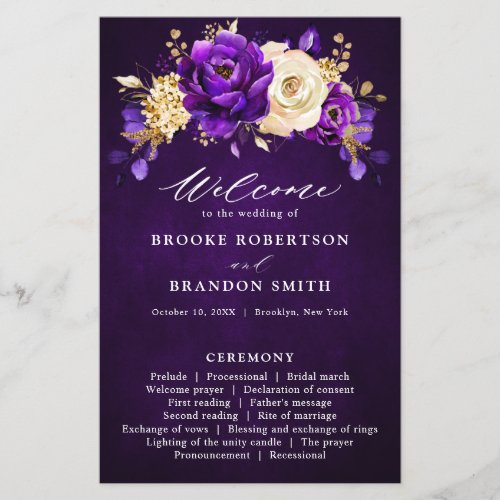 Royal Purple Violet Gold Floral  Wedding  Program