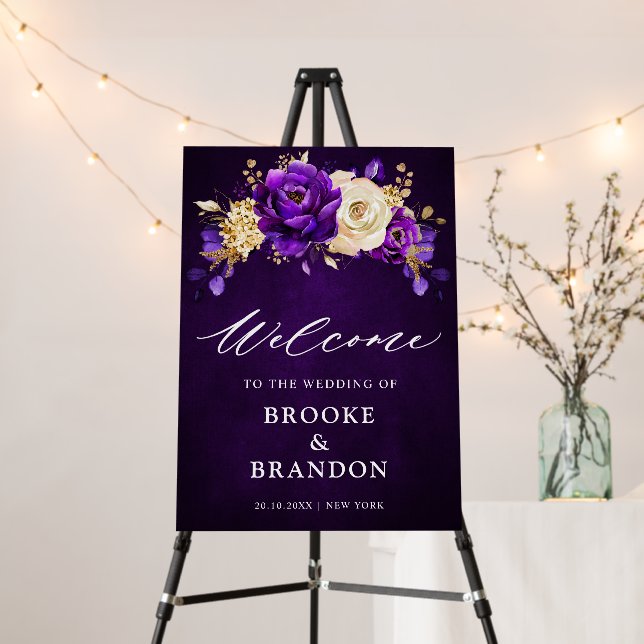 Royal Purple Violet Gold Floral Wedding  Welcome F Foam Board (In Situ (Stand))