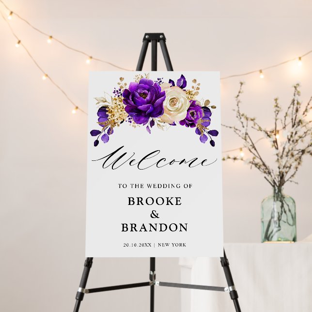 Royal Purple Violet Gold Floral Wedding  Welcome Foam Board (In Situ (Stand))