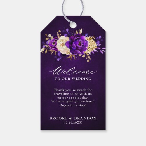 Royal Purple Violet Gold Floral  Wedding Welcome G Gift Tags