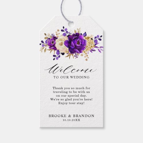 Royal Purple Violet Gold Floral  Wedding Welcome Gift Tags