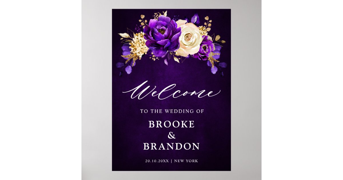 Welcome Violet Royal Purple Violet Gold Floral Wedding Welcome P Poster | Zazzle