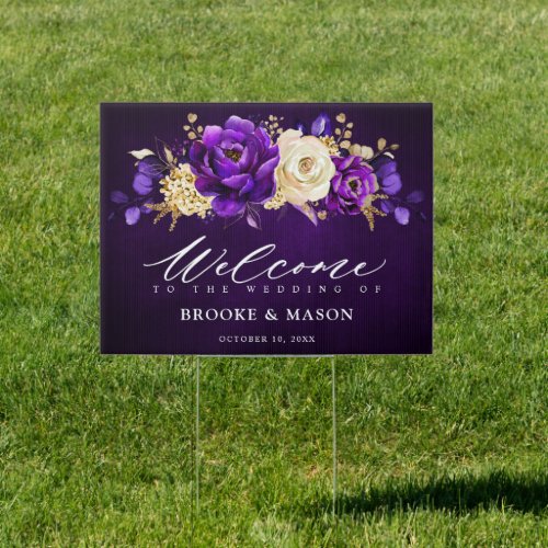 Royal Purple Violet Gold Floral  Wedding Welcome S Sign