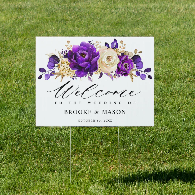 Welcome Violet Royal Purple Violet Gold Floral Wedding Welcome Sign | Zazzle