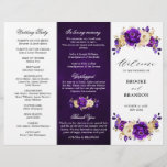 Royal Purple Violet Gold Wedding Tri-fold Program<br><div class="desc">Elegant royal purple gold theme wedding tri-fold program featuring elegant bouquet of royal purple,  Indigo,  gold,  yellow  color rose flowers buds and eucalyptus leaves. Please contact me for any help in customization or if you need any other product with this design.</div>