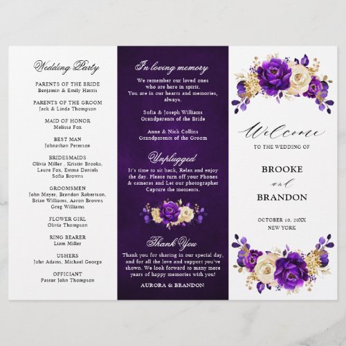 Royal Purple Violet Gold Wedding Tri_fold Program