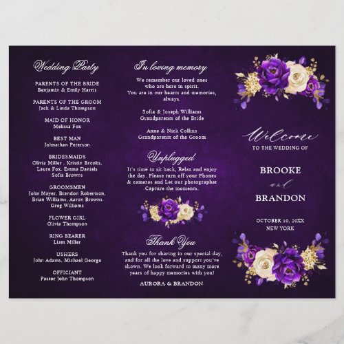 Royal Purple Violet Gold Wedding Tri Fold Program