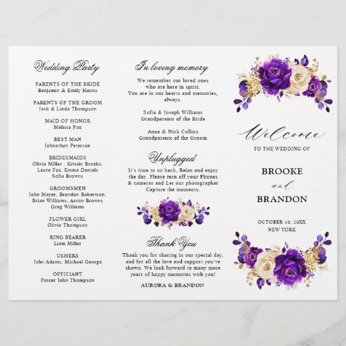 Royal Purple Violet Gold Wedding Tri Fold Program