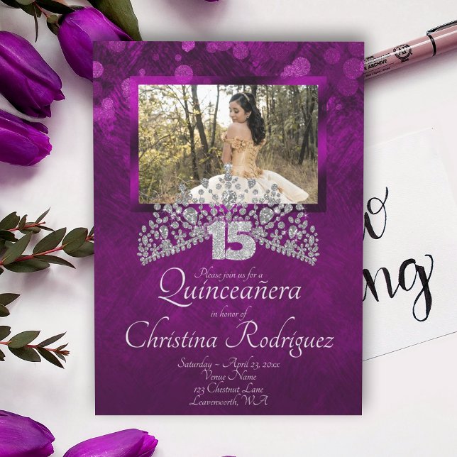 Royal Purple, Violet Quinceanera Diamond Tiara Invitation (Violet deep pink quinceanera invitation diamond tiara silver glitter 15, purple silver mis quince)