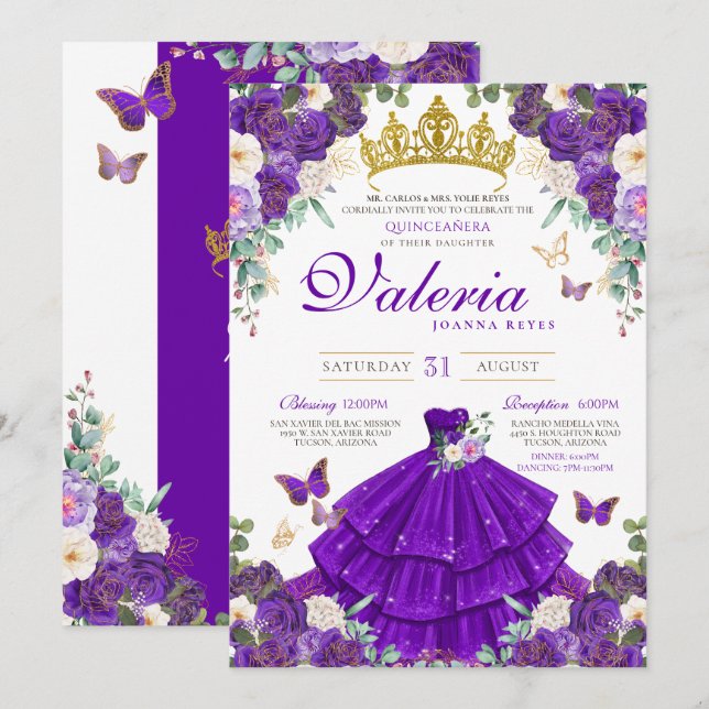 Royal Purple Violet Rose Butterfly Princess Quince Invitation (Front/Back)