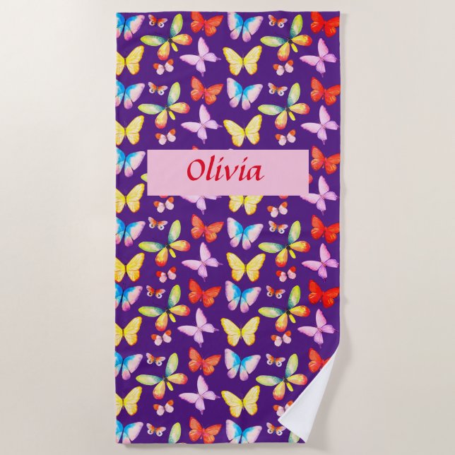 Royal Purple Watercolor Butterfly Personalized Beach Towel (Front)