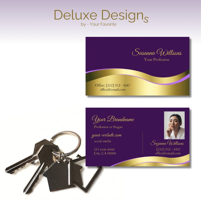 Royal Purple Wavy Gold Decor with Photo Elegant Business Card (Creator Uploaded)