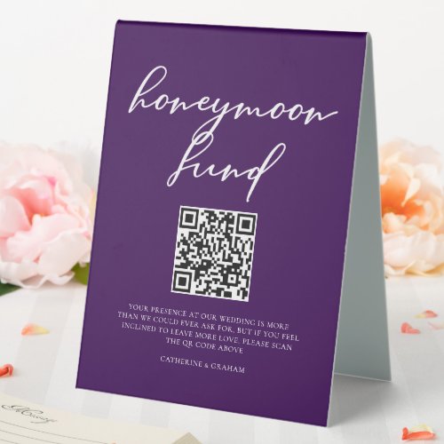Royal Purple Wedding Honeymoon Fund QR Code Table Tent