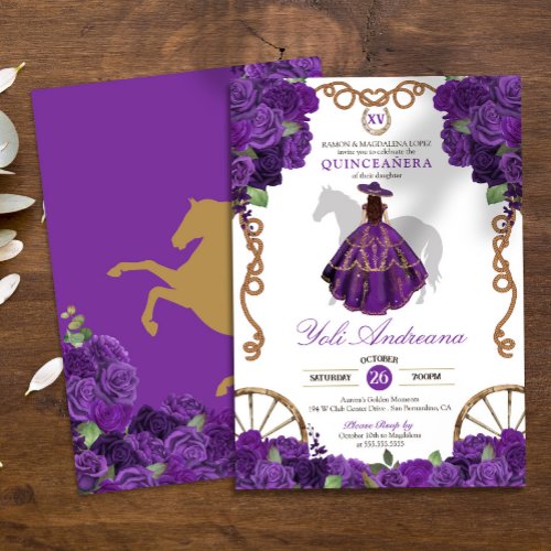 Royal Purple Western Charro Floral Quinceanera  Invitation