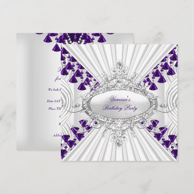 Royal Purple White Diamond Beads Birthday Party Invitation (Front/Back)