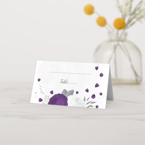 royal purple  white flowers botanical silver place card