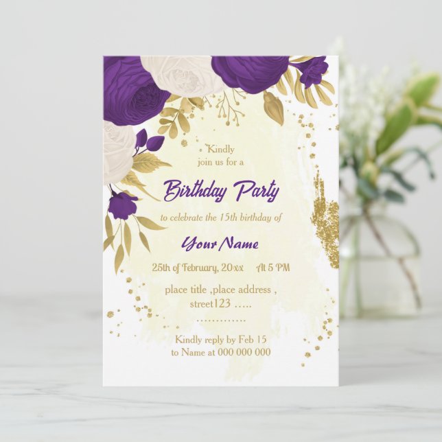 royal purple white flowers gold birthday party invitation (Standing Front)