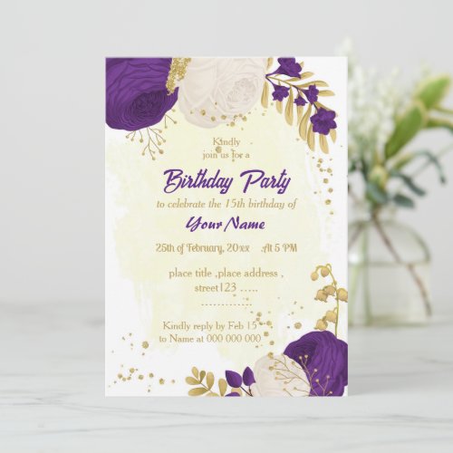 royal purple white flowers gold  birthday party invitation