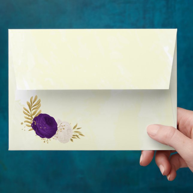  royal purple white flowers gold botanical wedding envelope (Hand)